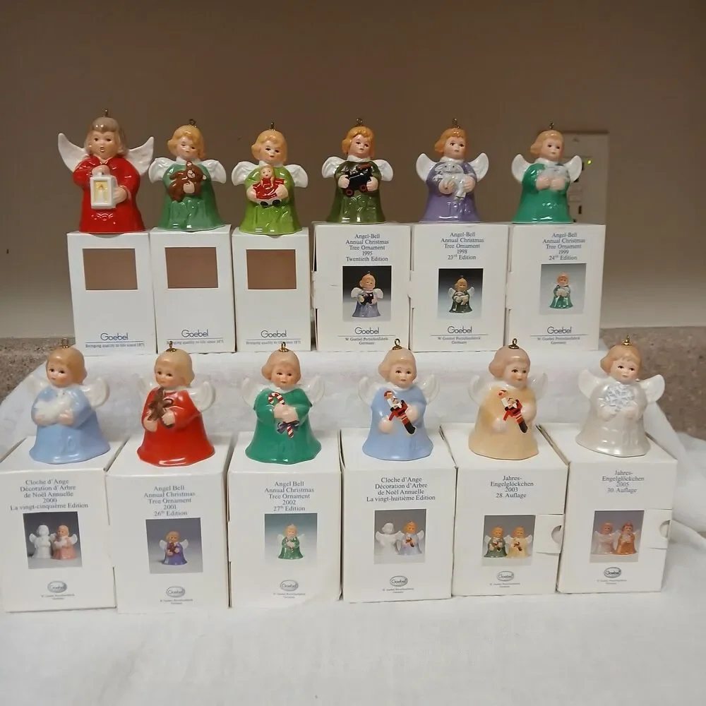 12 Vintage Goebel Angel Bell Ornaments  1990-1992, 1995, 1998-2002, 2003×2, 2005